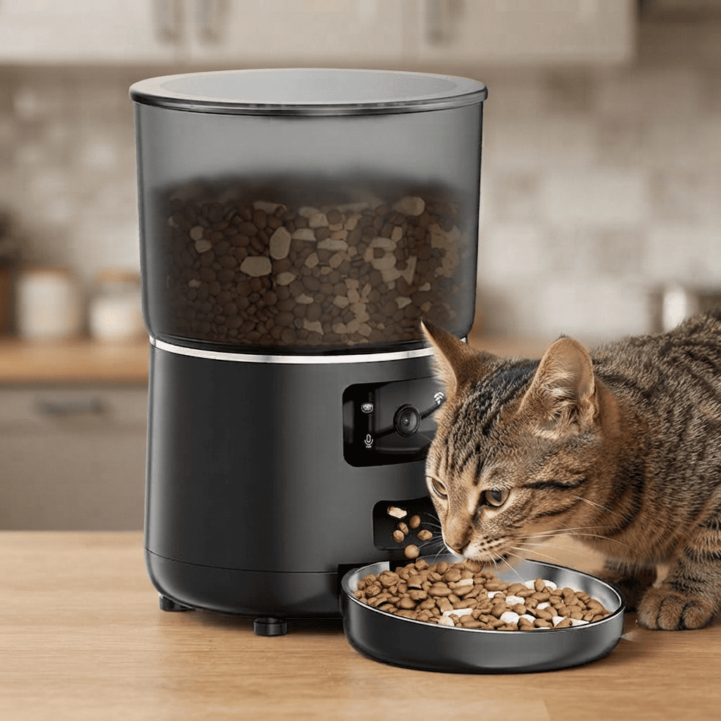 A cat using an automatic pet feeder.