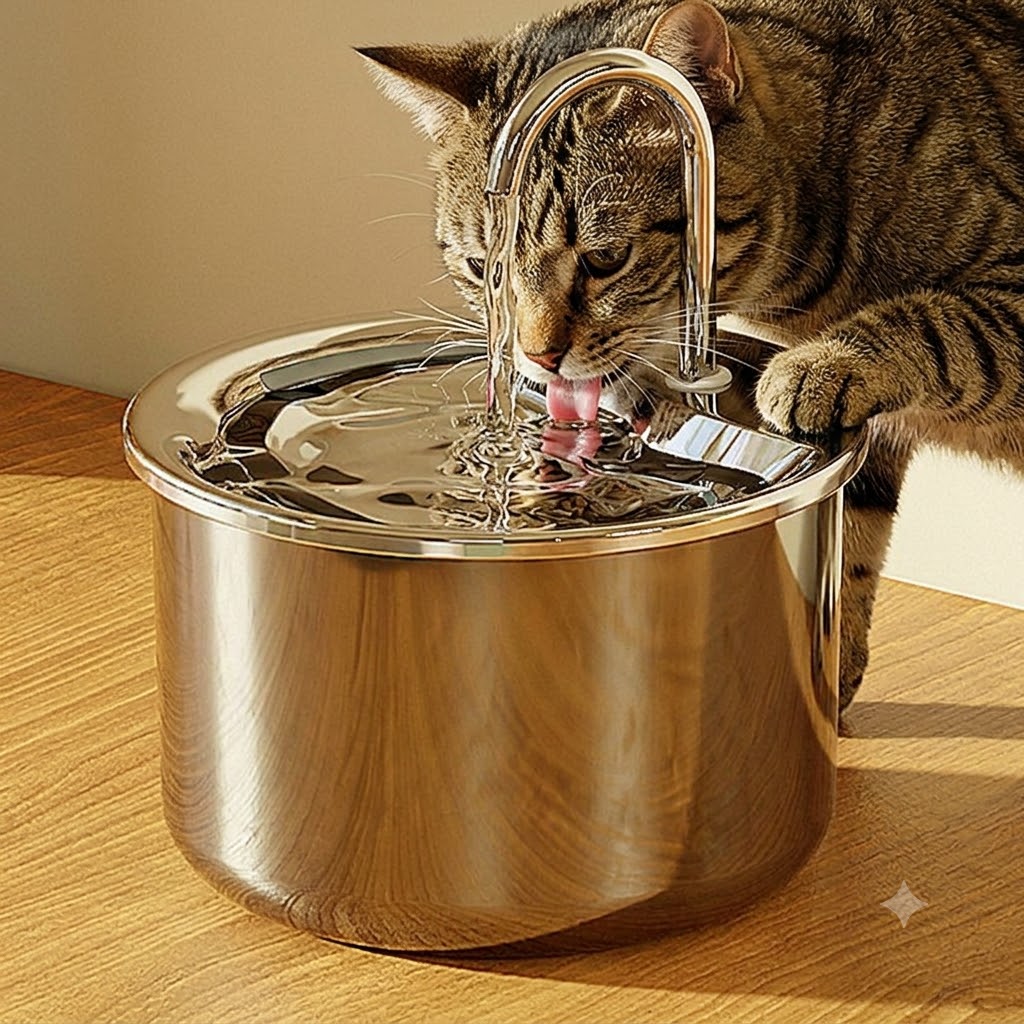 Tabby cat drinking clean running water from stainless steel automatic pet fountain vs bowl for better cat hydration