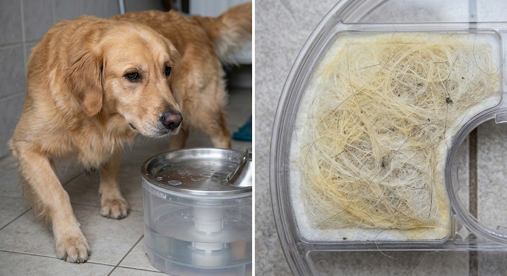 automatic pet fountain vs bowl, dog drinking water and dirty fountain filter