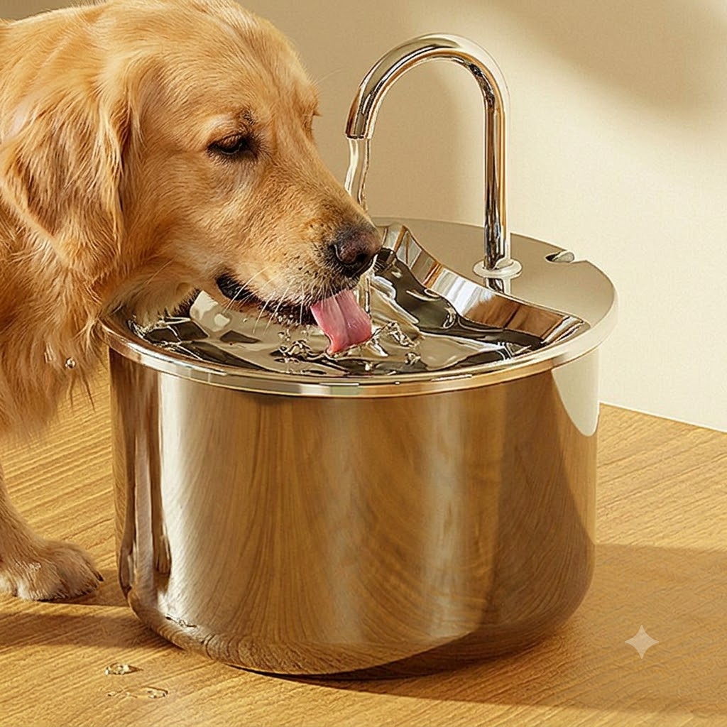 Dog drinking from a pet water fountain vs traditional water bowl comparison.