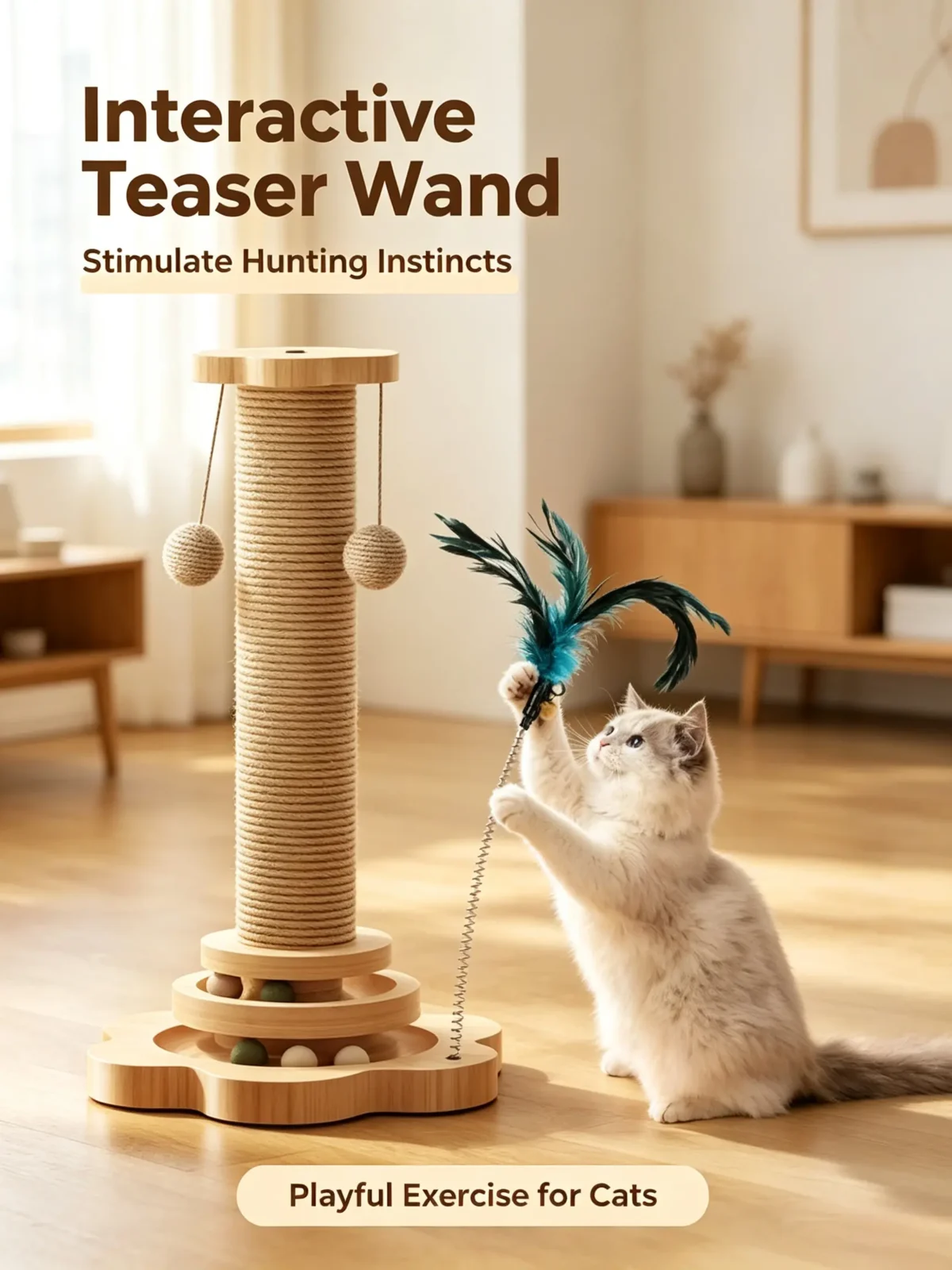 The included **feather teaser wand** stimulates natural hunting instincts and provides an interactive way to help cats stay active and burn off excess energy.